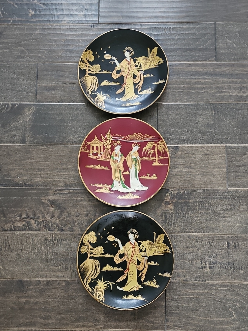 Vintage Asian-Inspired Chinoiserie Plates Black, Burgundy & Gold - (3)